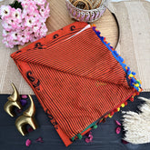 Vriksham Orange Printed Cotton Mulmul Saree With Pom Pom Lace-VS4436